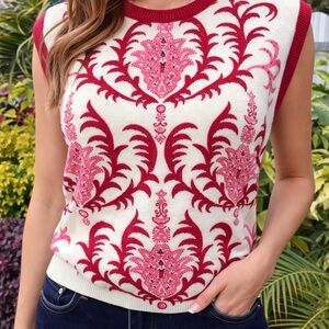 Ivory Sleeveless Knit Tank with Pink and Red Damask Motif